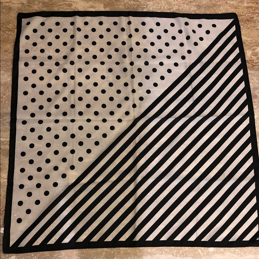 Liz Sinclair Black and White Polka Dot & Stripe Silk Scarf. 31 x 30 inches